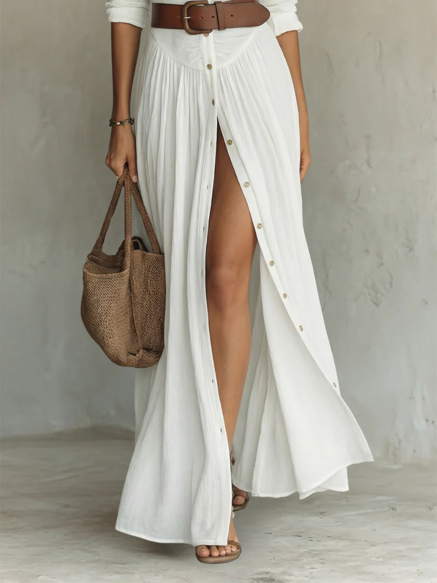 Élise Verona- Vestido largo con cuello vuelto y mangas largas de lino para mujer
