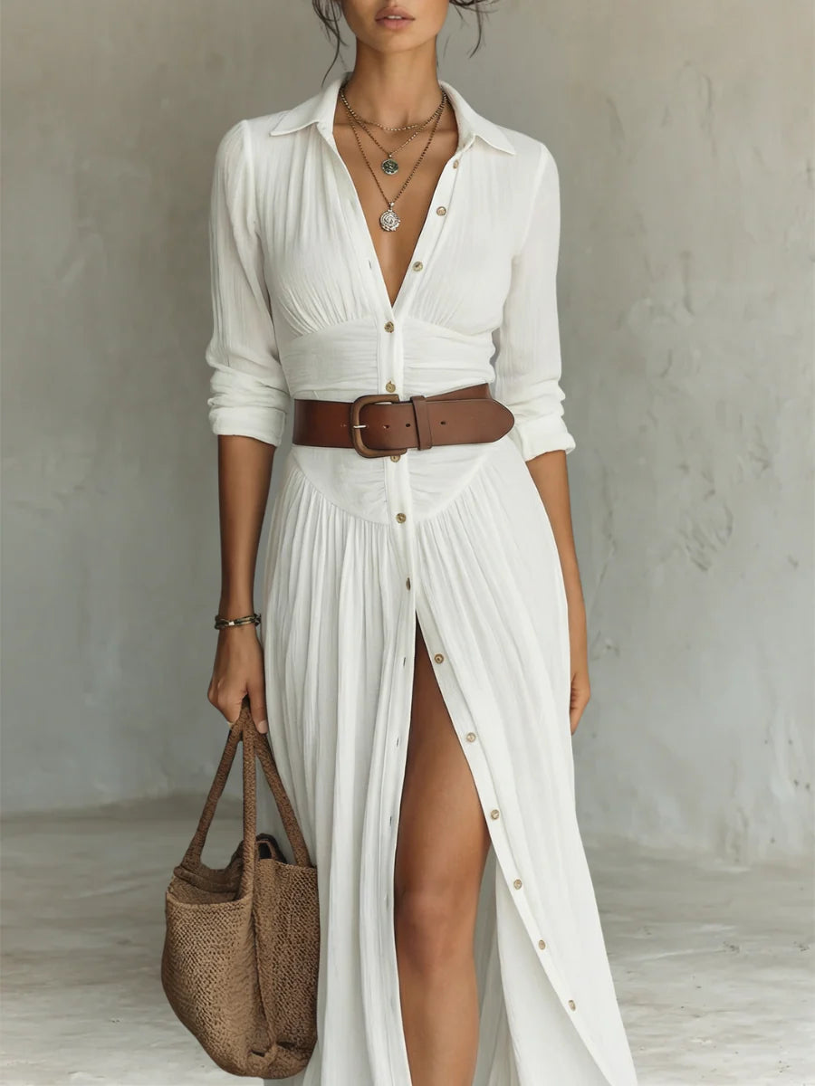 Élise Verona- Vestido largo con cuello vuelto y mangas largas de lino para mujer