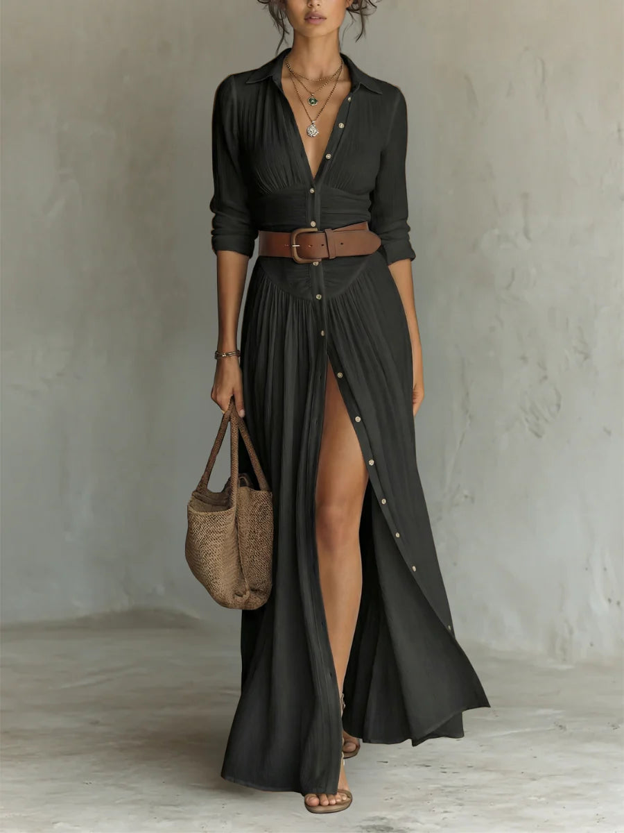 Élise Verona- Vestido largo con cuello vuelto y mangas largas de lino para mujer
