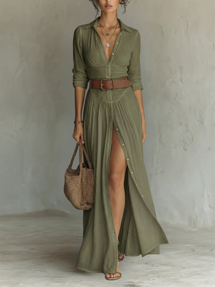 Élise Verona- Vestido largo con cuello vuelto y mangas largas de lino para mujer