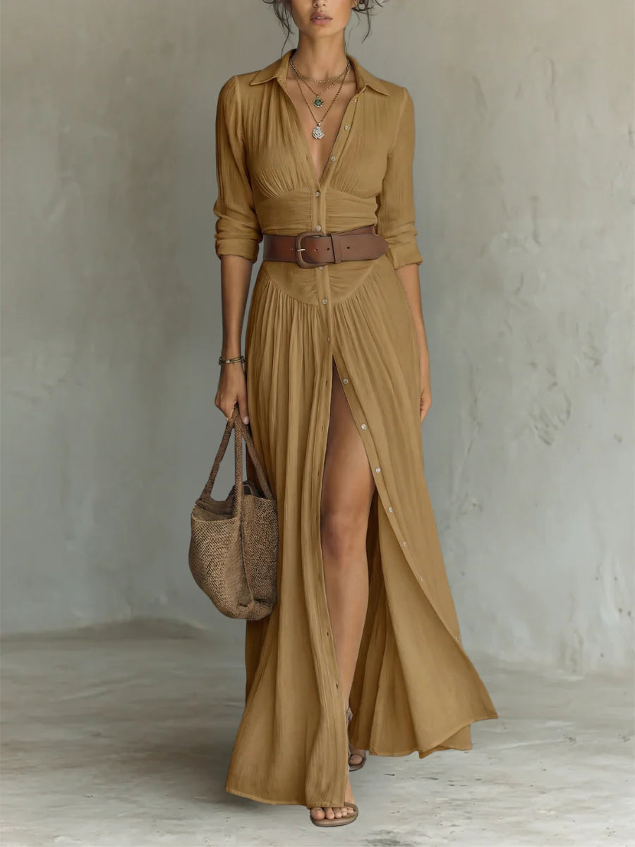 Élise Verona- Vestido largo con cuello vuelto y mangas largas de lino para mujer