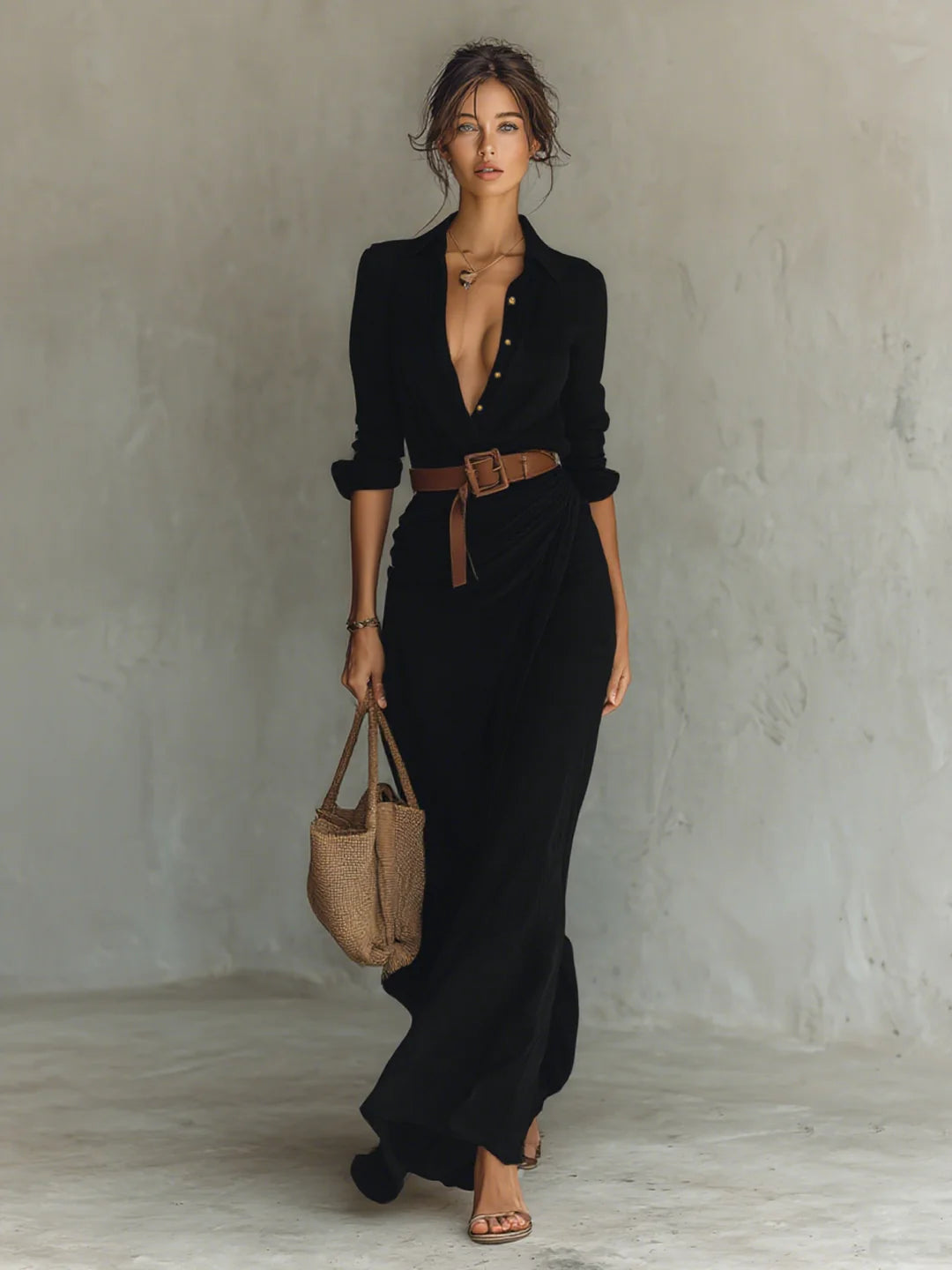 Camille Lyon- Vestido largo con cuello vuelto y mangas largas para mujer.