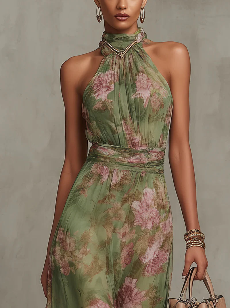 Juliette Mónaco- Vestido largo verde con estampado floral de gasa y escote halter