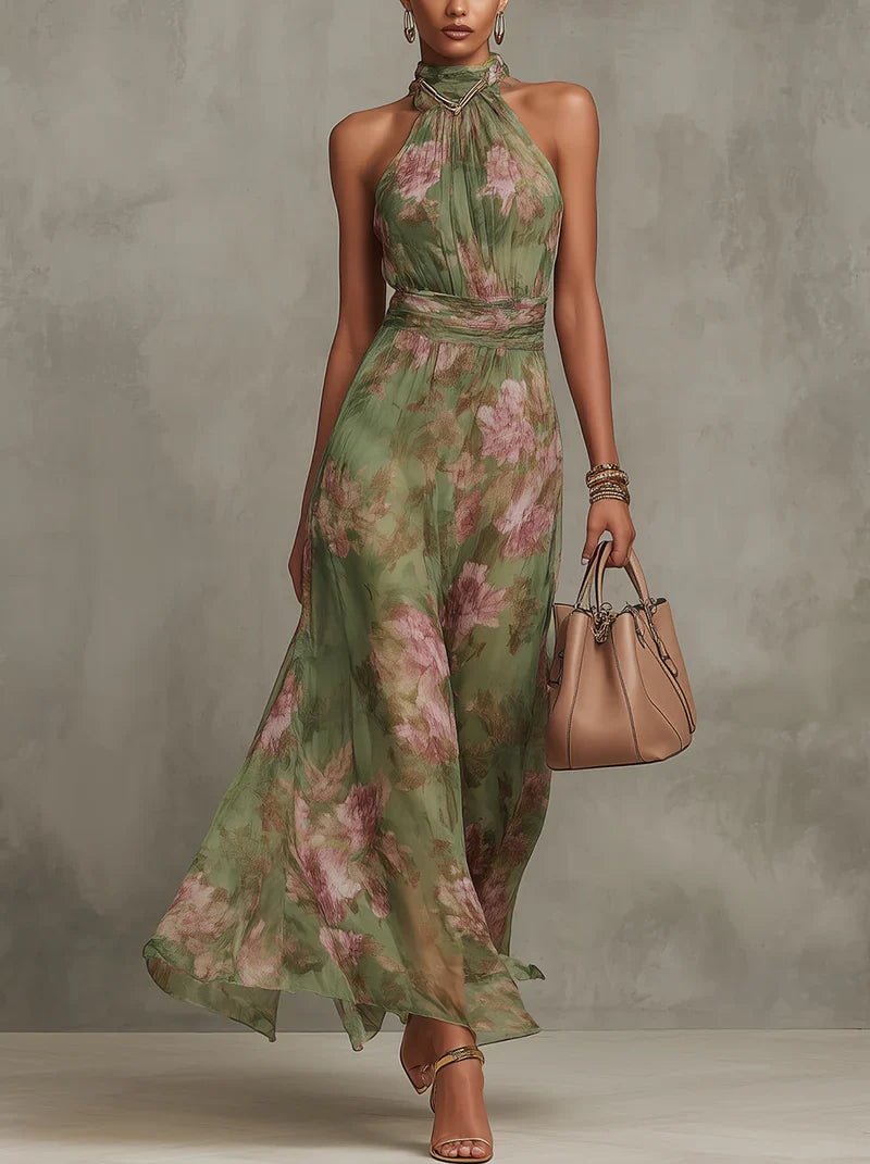 Juliette Mónaco- Vestido largo verde con estampado floral de gasa y escote halter