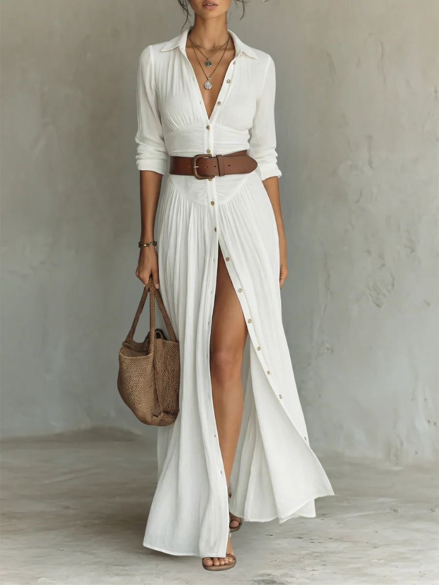 Élise Verona- Vestido largo con cuello vuelto y mangas largas de lino para mujer